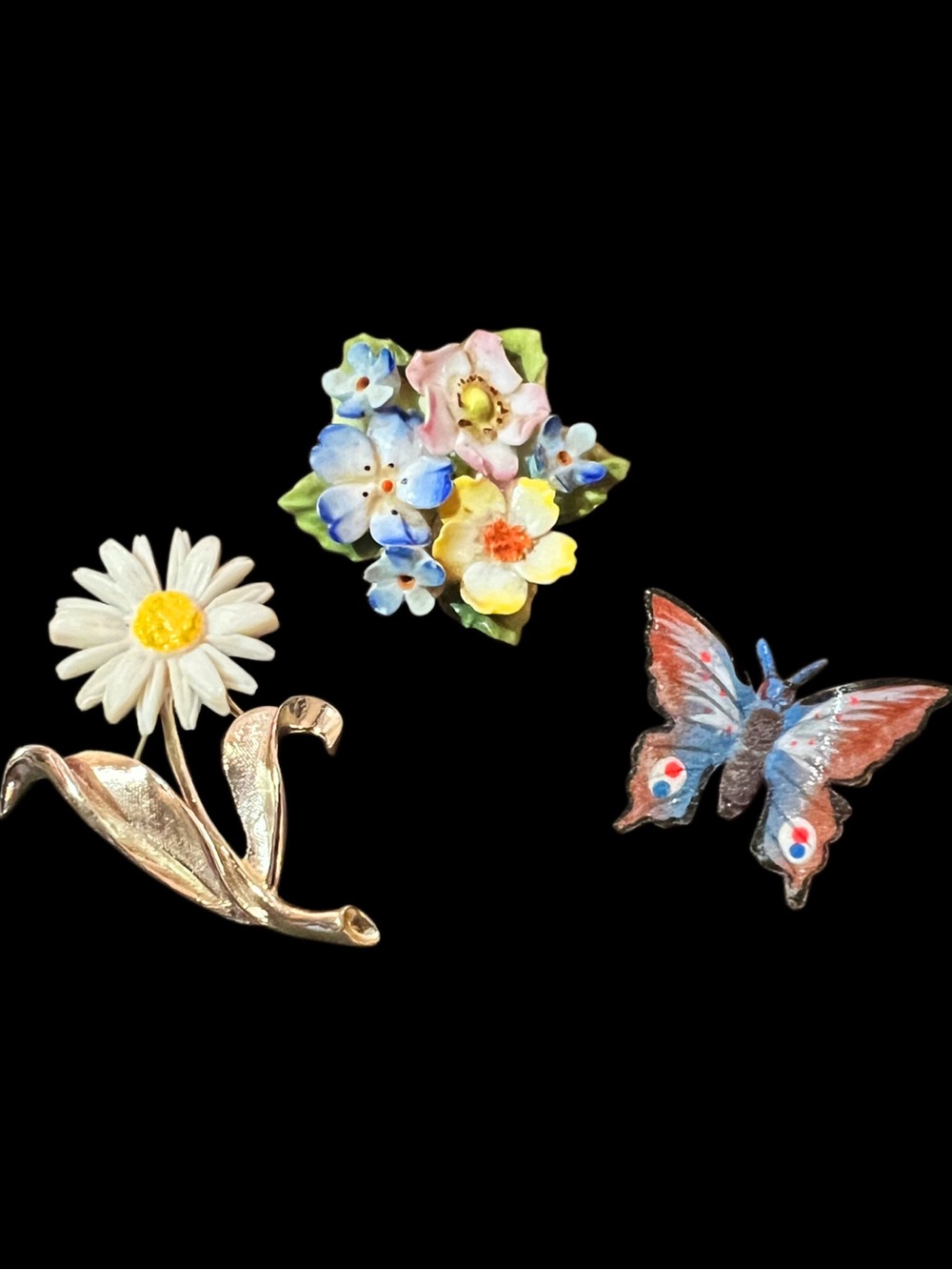 Vintage Floral & Butterfly Brooch Trio - Daisy, Forget-Me-Not, Enamel Butterfly